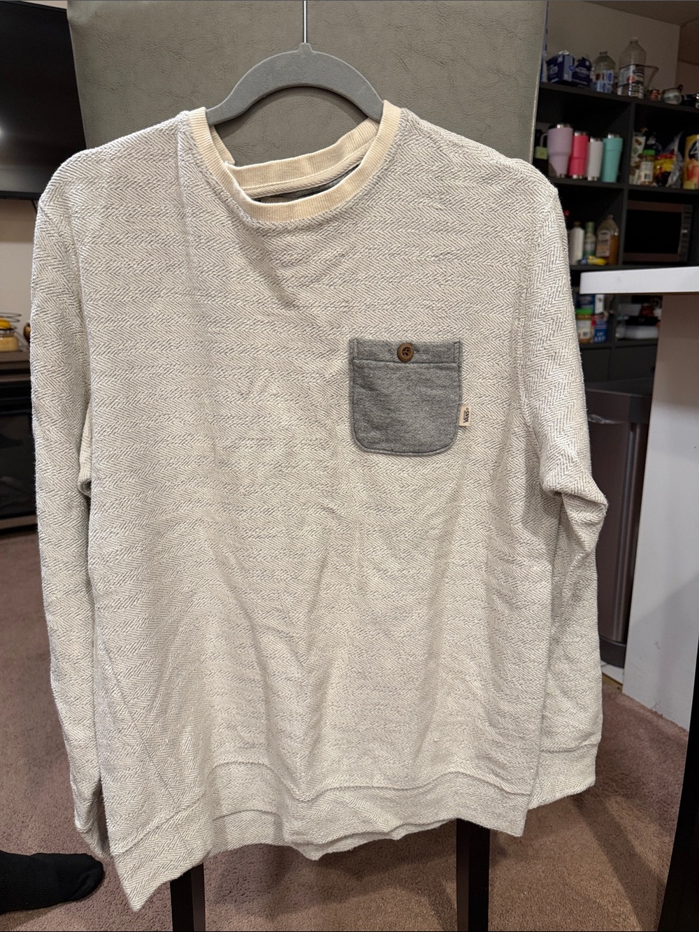 Vans Cream Crewneck Sweater with Gray Pocket